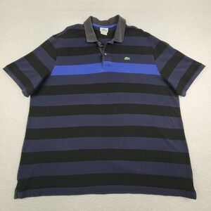 Lacoste Polo Shirt Mens 2XL Blue Black Striped Short Sleeve Classic Cotton Rugby